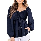 Imysty Womens V Neck Smocked Peplum Tops Balloon Long Sleeve Swiss Dot Ruched Blouses Shirt
