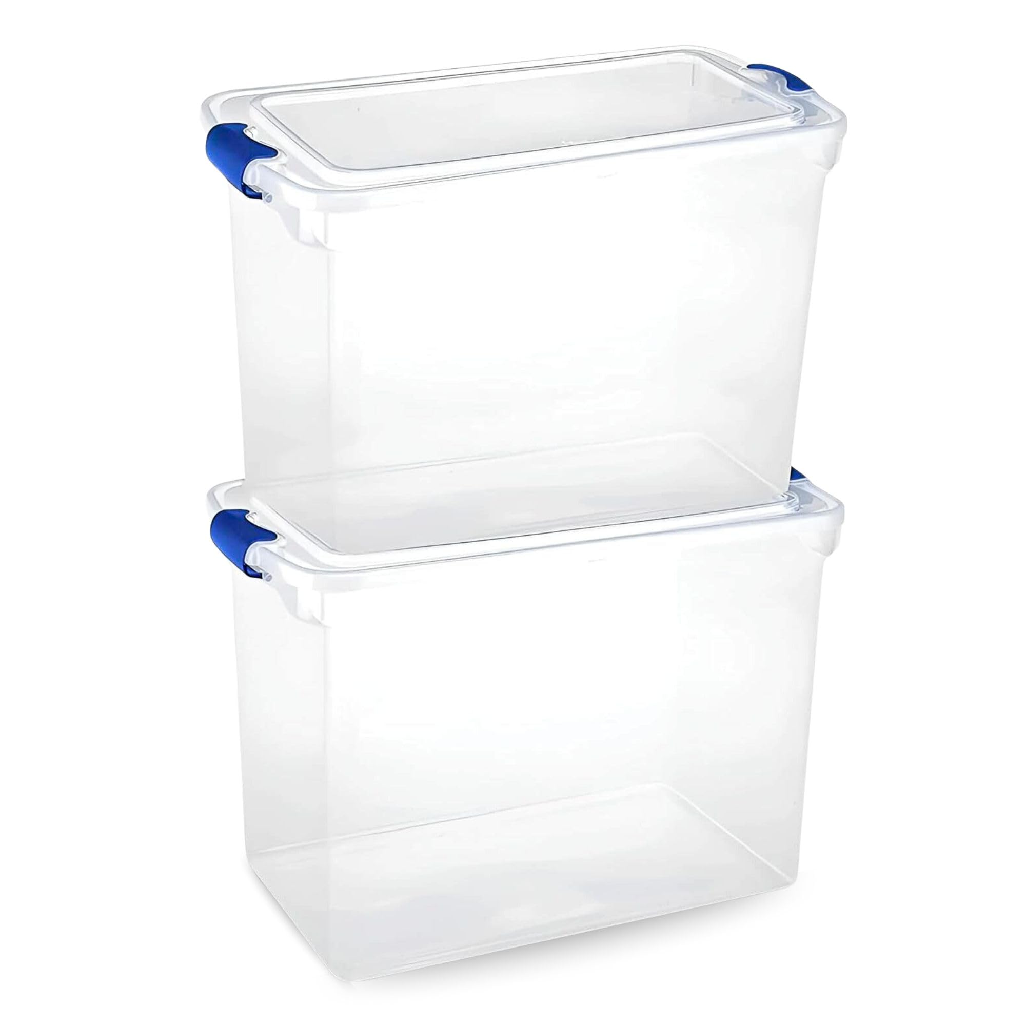 Photo 1 of (one bin damaged at handle) HOMZ 2-Pack Latching Lid, Clear Plastic Storage Organizer Bins, 112 Quart, Blue Latch - Stackable Organizing Containers for Home, Garage, and Office