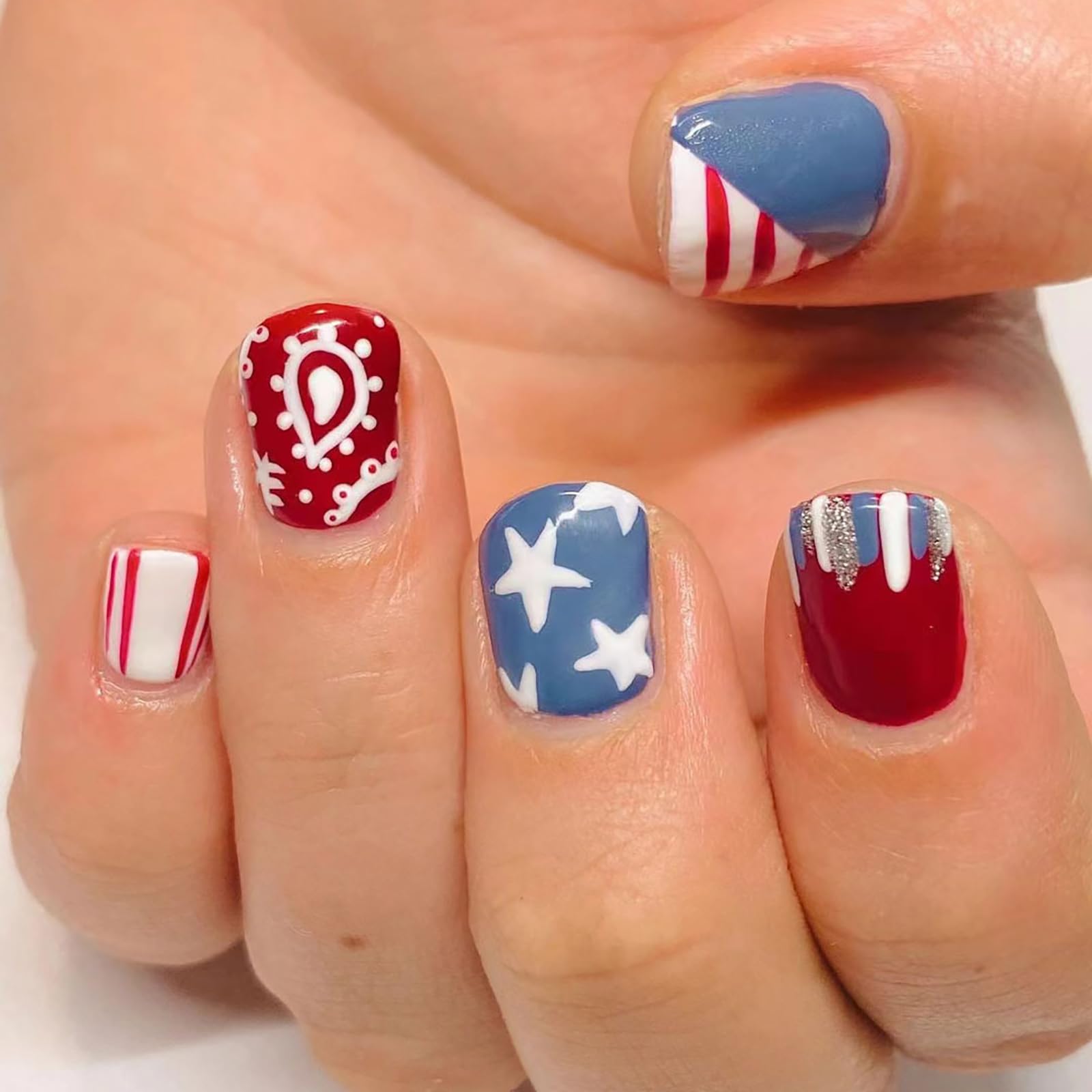 Photo 1 of 4th of July Press on Nails Short Square False Nails with White Star Designs Glitter Glossy Glue on Nails Fake Nails Sparkly Full Cover Stick on Nails Reusable Cute Acrylic Nails for Women Girls 24Pcs