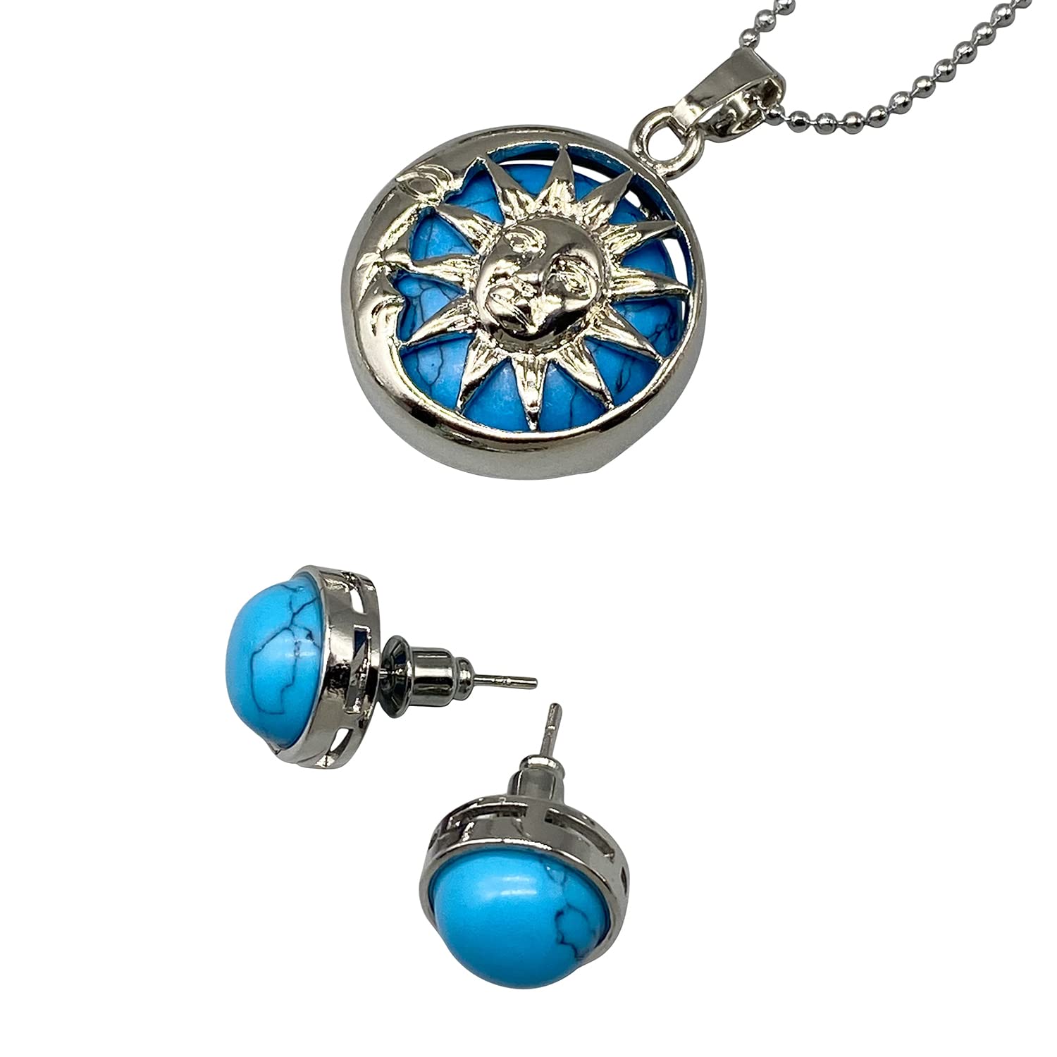 Womens Blue Jewellery Gift Sets - Moon & Sun Necklace & Earring Set - Natural Crystal Gemstone Quartz Pendant For Ladies - With Gift Box (Blue Turquoise)