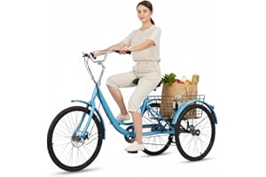 reukmuuc Fat Tire Tricycle, Adult 7-Speed Trike with 4-Inch Tires, 450 lbs Weight Capacity, Large Shopping Basket with Waterp