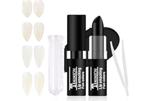 PASNOWFU Halloween for Vampire Fake Teeth Set - Professional for Vampire Makeup Kit with 4 Pairs Fangs, Black Lipstick, Dental Adhesive for Halloween Cosplay SFX Makeup, Costume Parties, Theater