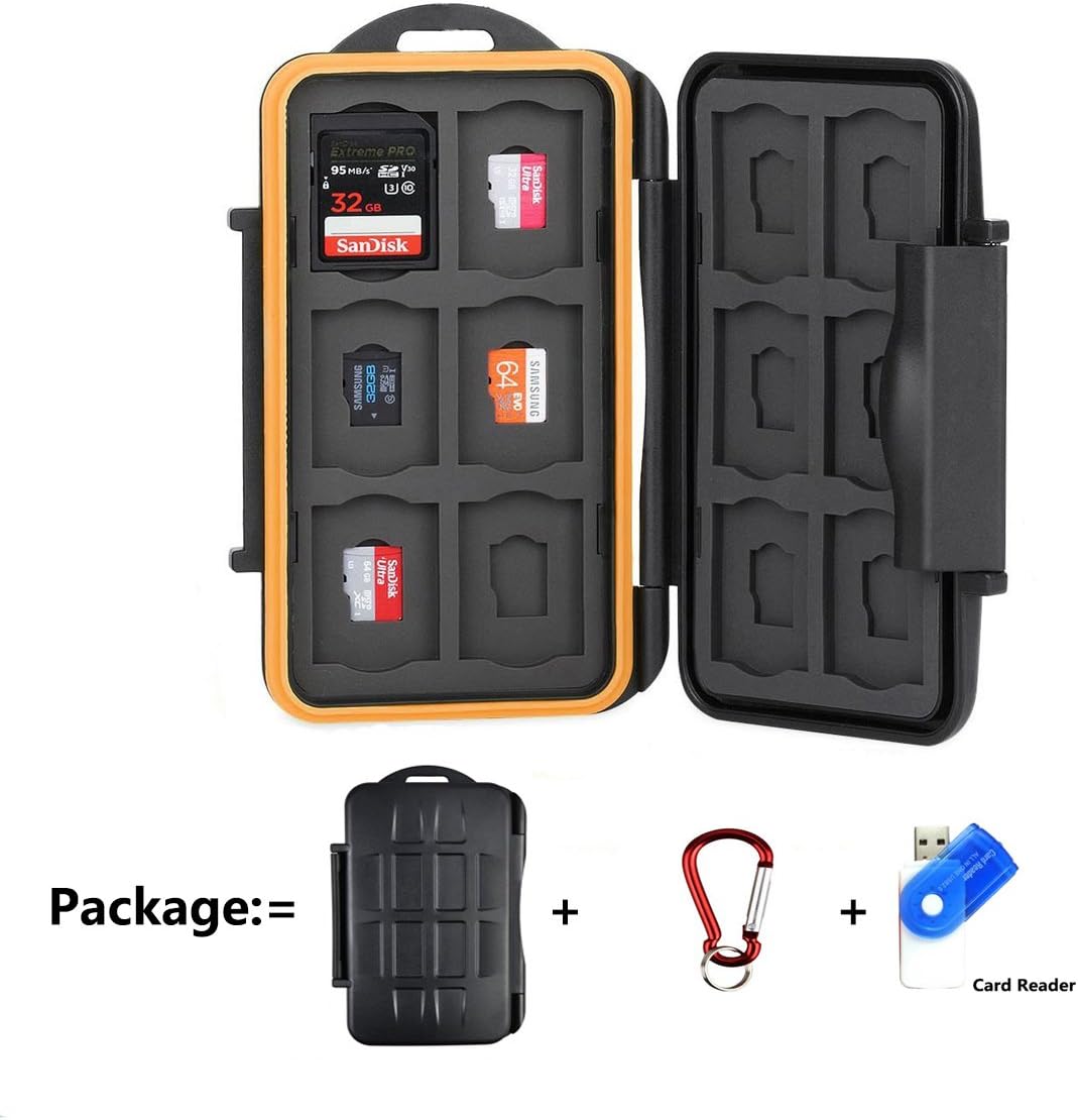 LXH Memory Card Case Holder SD SDHC SDXC CF MSD TF Micro SD Card Durable Waterproof Storage Computer Camera Card Cartridge With Carabiner & Card Reader For 12 SD & 12 TF/Micro SD - Image 3