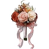LEIFENY Wedding Bouquets for Bride, Pink & Champagne Bridal Bridesmaid Flower with Silk Ribbon, Artificial Toss Rose for Civil Ceremony