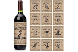 Fuyamp 12 Pieces Halloween Wine Bottle Stickers Decorations Vintage Bottle Labels Potion Bottles Stickers Halloween Wine Labels for Bottles Halloween Party Supplies 6.3 x 5.5 Inch(A)