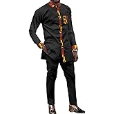 African Dashiki Suit for Men Kente Print Long Sleeve Outfit Clothing Shirts and Pants 2 Piece Traditional Attire