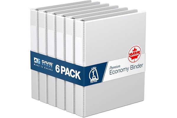 Premium Economy 1-Inch Binder, 3-Ring Binder for School, Office, or Home, Colored Binder Notebook, Pack of 6, D Ring, White
