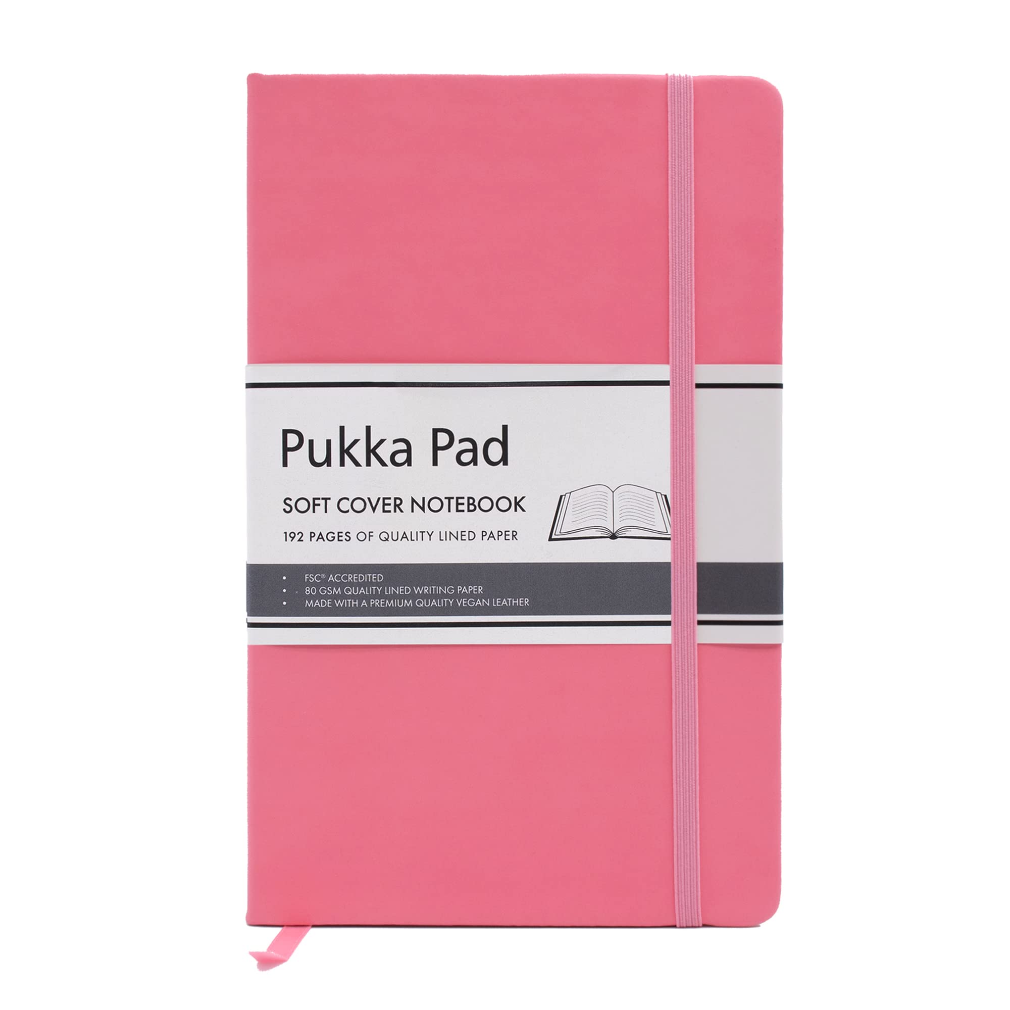 Pukka Pad, Soft Cover Notebook – 192 Pages of 80GSM Acid-Free Quality Lined Paper – Vegan Leather Cover with Inner Pocket for Loose Pages, Ribbon Bookmark, and Elasticated Closure – 130 x 210mm, Pink