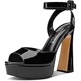 TNYNFBEB Womens Chunky Block High Platform Heel Peep Open Toe Sandals Ankle Strap Buckle Prom Dress Patent Leather 5.1 Inches Heels
