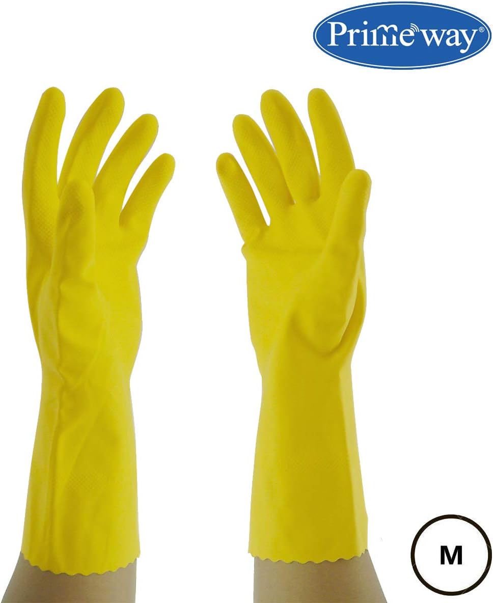 Primeway® Rubber Medium Flock Lined Multipurpose Cleaning Gloves, Yellow, 1 Pair