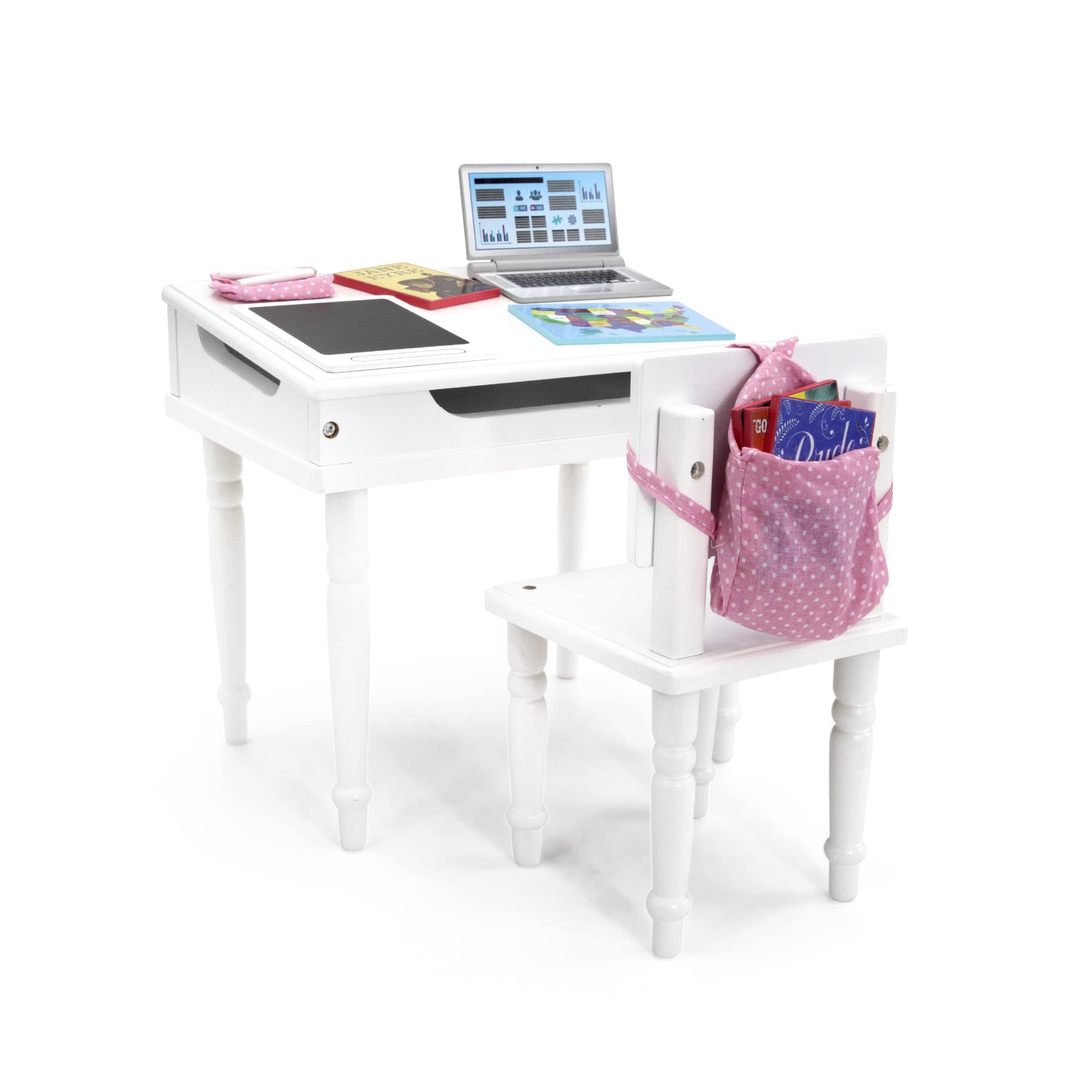 Photo 1 of Playtime by Eimmie 18 Inch Doll Furniture School Desk & Classroom Set – White, Wooden Playset with Educational Accessories, Fits American, Generation, My Life & Similar 14”-18” Dolls