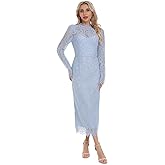 WOCV Women's Long Sleeve Lace Floral Elegant Cocktail Ocassion Party Midi Dress Wedding Guests Dress