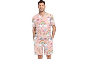 RPLIFE Cute Unicorns Rainbow Pink Men's Pajama Sets, Short Sleeve V Neck 2 Pcs Sleepwear with Pockets
