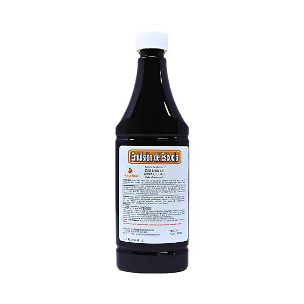 EMULSION DE ESCOCIA, COD LIVER OIL, HELPS ENHANCE YOUR CHILDREN IMMUNE SYSTEM, VITAMINS A, AND D, VITAMINS E AND B1, ORANGE FLAVOR, 15.3 FL OZ, BOTTLES