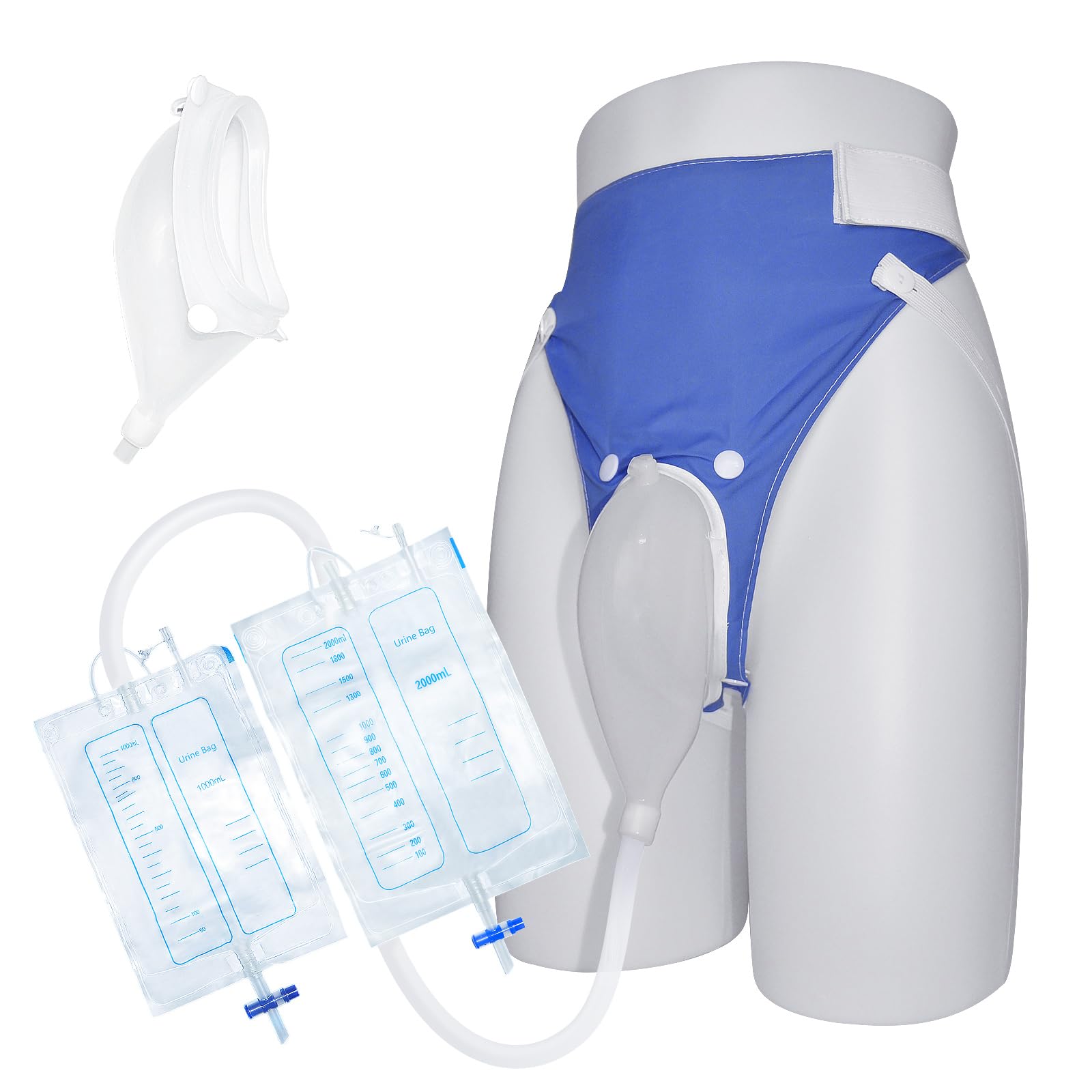 Photo 1 of Wearable Urine Collector with Reusable Silicone Unit with Breathable Fixative Pant with Two Urinary Drainage Bags 2000ml 1000ml and 1.2m Catheter Soft Edge Spill Resistant, Elderly Men Blue