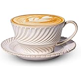Alarrar Ceramic Latte Cup with Saucer, 12 OZ Cappuccino Cup Vintage Cafe Art Cups for Espresso Turkish Coffee, Farmhouse Latte Mugs Tea Cups and Saucers Porcelain Set for Baristas Great Gift
