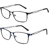 Ryegis Pack 2 Bifocal Reading Glasses For men,Blue Light Blocking Computer Reduce Eyestrain Metal Frame Eyeglasses