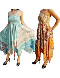 Lot Of 2 Fiona Womens Sundress Recycled Sari Handkerchief Hem Summer Halter Dresses S/M