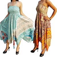 Lot Of 2 Fiona Womens Sundress Recycled Sari Handkerchief Hem Summer Halter Dresses S/M