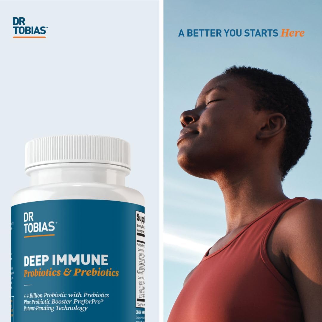 Dr. Tobias Deep Immune Probiotics & Prebiotics, Dual Action Digestion & Immune Support with PreforPro Prebiotics & Delayed Release Spore Forming Probiotics for Women & Men, 60 Capsules, 30 Servings