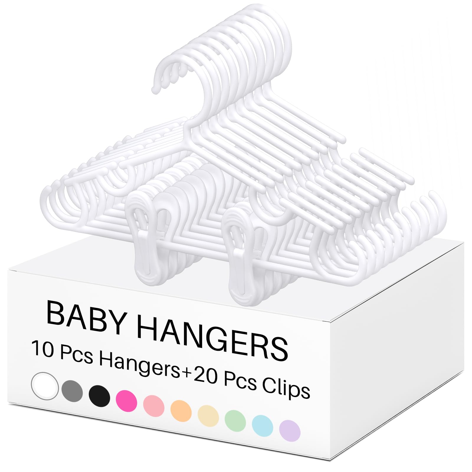 Photo 1 of Hsei Nursery Hangers with Clips for Kids Baby Pants Hangers 10/20/40 Newborn Plastic Hanger with 20/40/80 Clip for Closet Toddler Clothes Coat Skirts Socks(White,30 Packs)