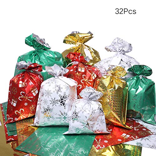 Christmas Gift Bags, 32Pcs Santa Wrapping Gift Bag in 4 Sizes and 4 Designs with Ribbon Ties and Tags for Wrapping Holiday Gifts