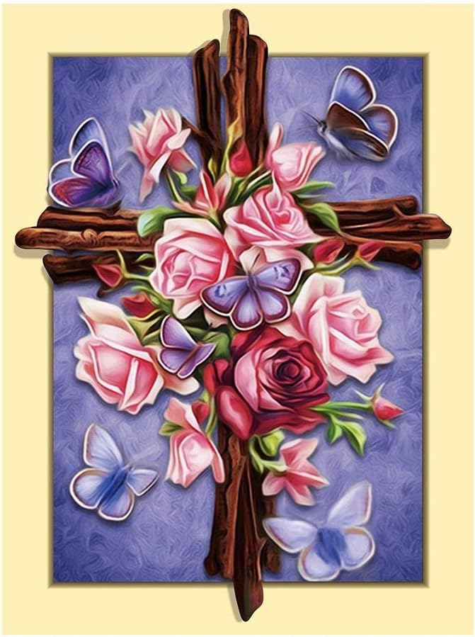 Rose Cross Religion Diamond Painting - PigBoss Full Drill 5D Diamond Painting Art Cross Diamond Embroidery Cross Stitch Kits Christmas Gift Mosaic Pattern (13.8 x 17.8 inch) (A : L1250)