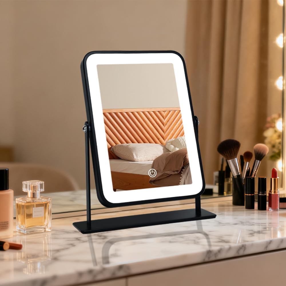 Photo 1 of Leadzones Black Rechargeable Portable Vanity Mirror with Lights,11"×9" Metal Frame Desk LED Makeup Mirror with Lights,Smart Touch with 3-Color Lighting,Dimmable,for Birthday Gifts for Women