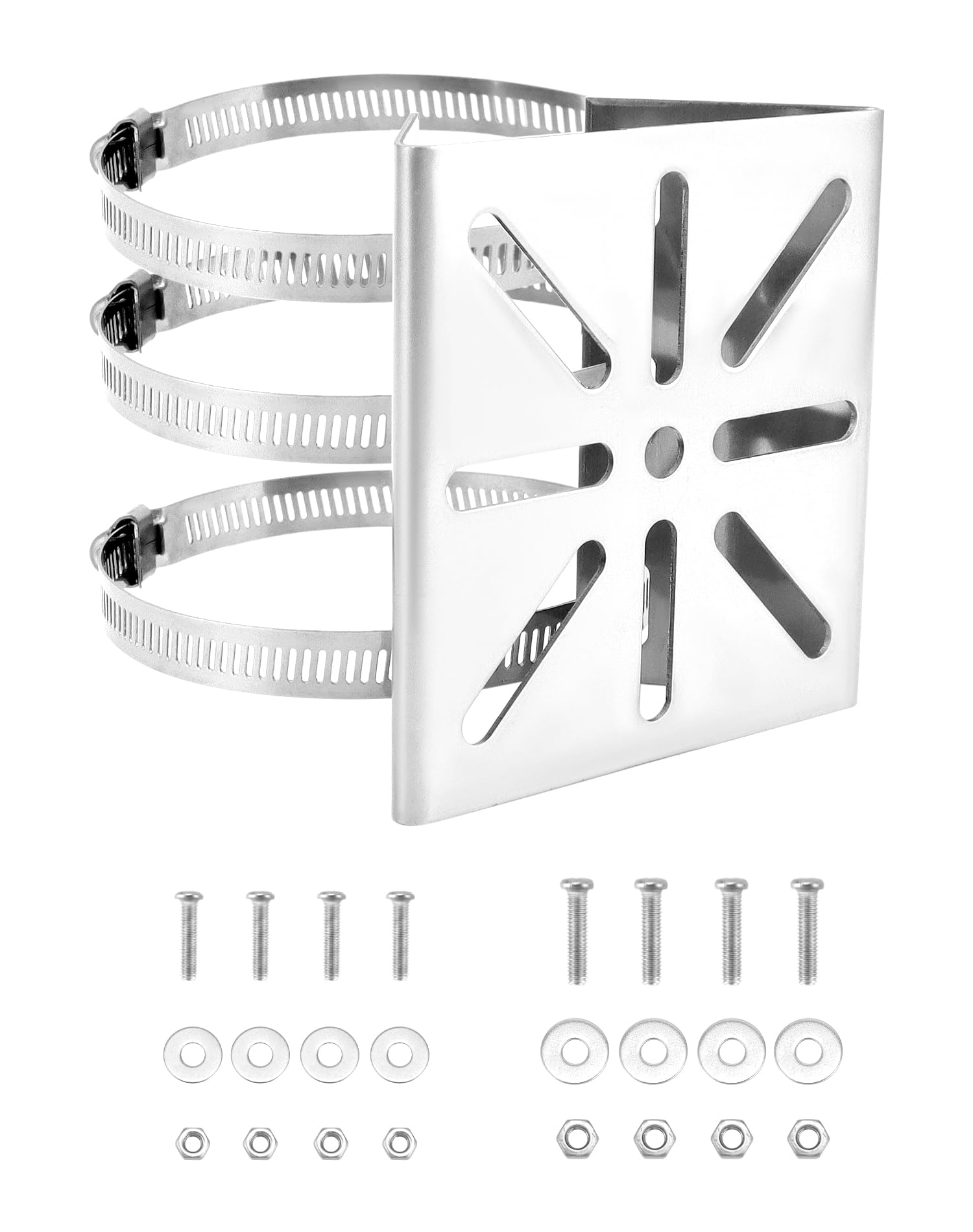 QWORK® Universal Vertical Pole Mount with 3 Pipe Clamps Dia 4" for Most Security Cameras - No Drill - Stainless Steel - Silver