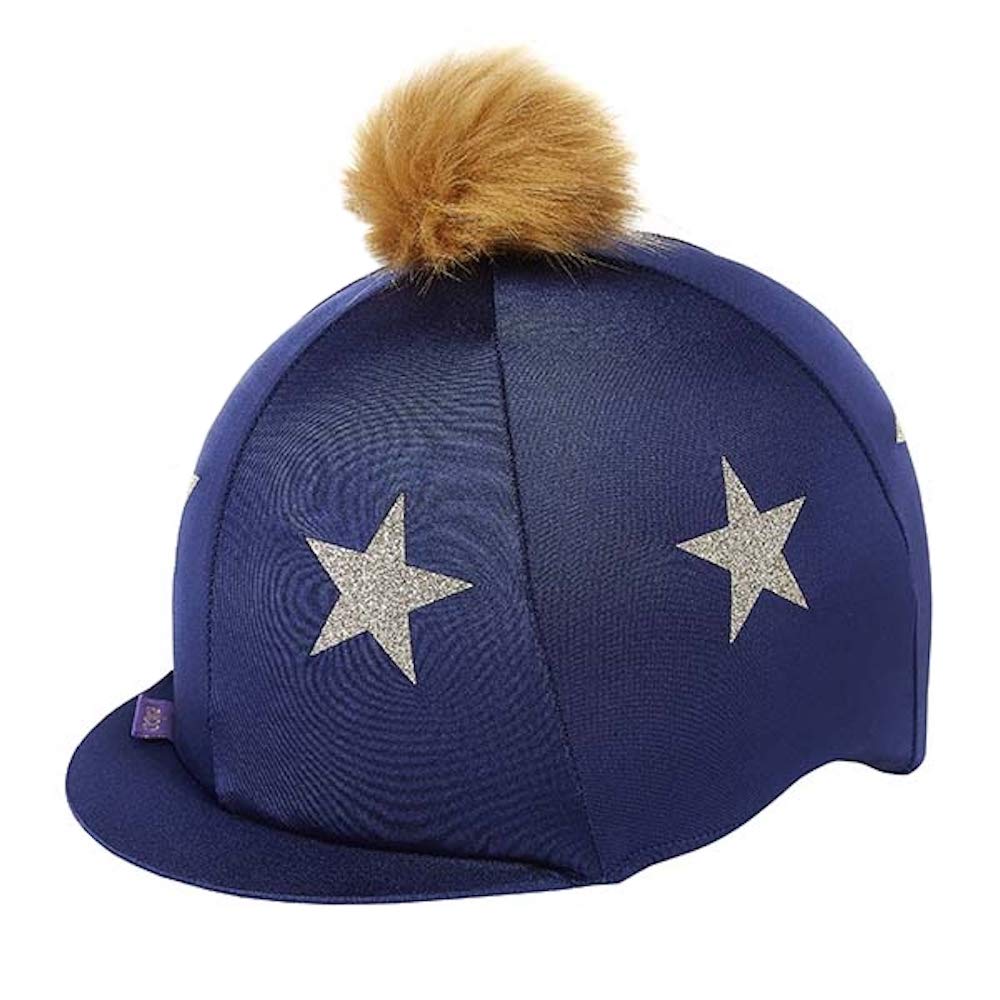Elico Twinkle Star Fantasia Riding Hat/Skull Cap Cover. Navy, Silver Stars and Pom Pom
