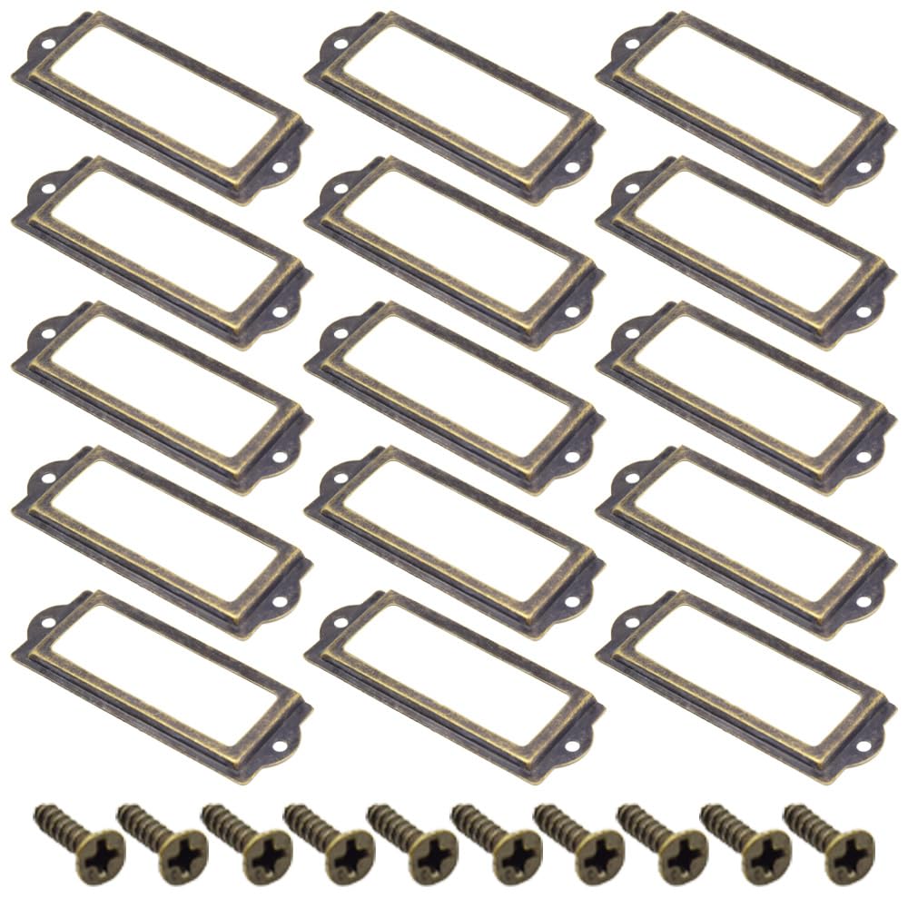 Yosawo 20Pcs Label Holder Metal Card Tag Holder Furniture Drawer Cabinet Tag Frame with Screws for Cabinets, Boxes, Shelf, Drawer, Wine Cellar and House Decoration(83 * 30mm/Bronze)