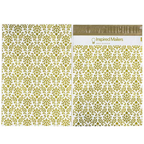 Inspired Mailers - Poly Mailers 10x13 - Damask Pattern Deluxe (Gold) - 100 Pack - 3.15mil Unpadded Shipping Bags