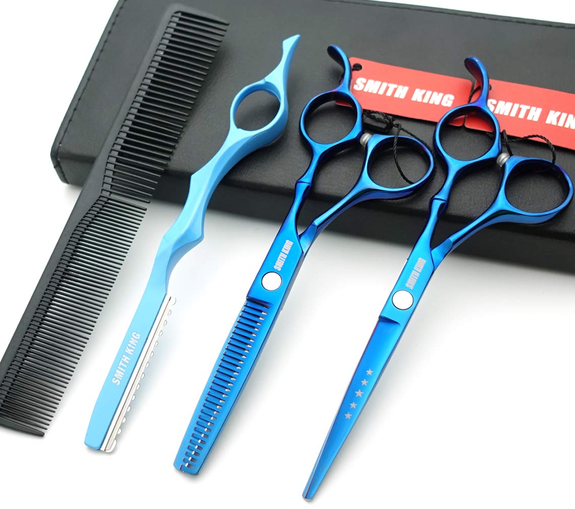 6.0 inch Hair Scissors Set Hair Cutting Scissors & thinning Scissors with Razor&Comb in 1 Set (Blue)