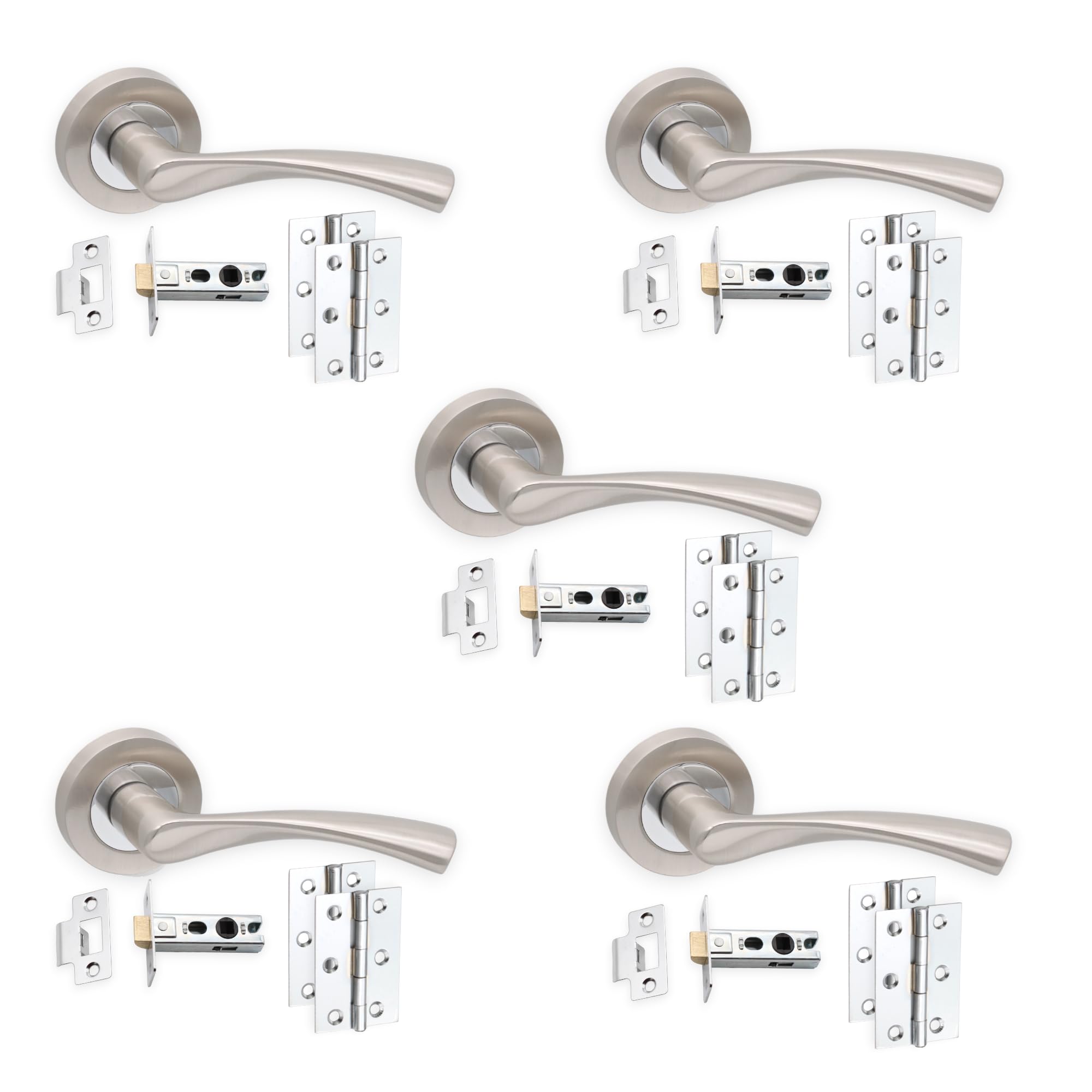 Infinity Decor Pack of 5 Dual Tone Twisted Lever Door Handles with Pair of 3” Butt Hinges and 2.5” Tubular Latch Set – Interior Pull Handles Ideal for Interior and Exterior use