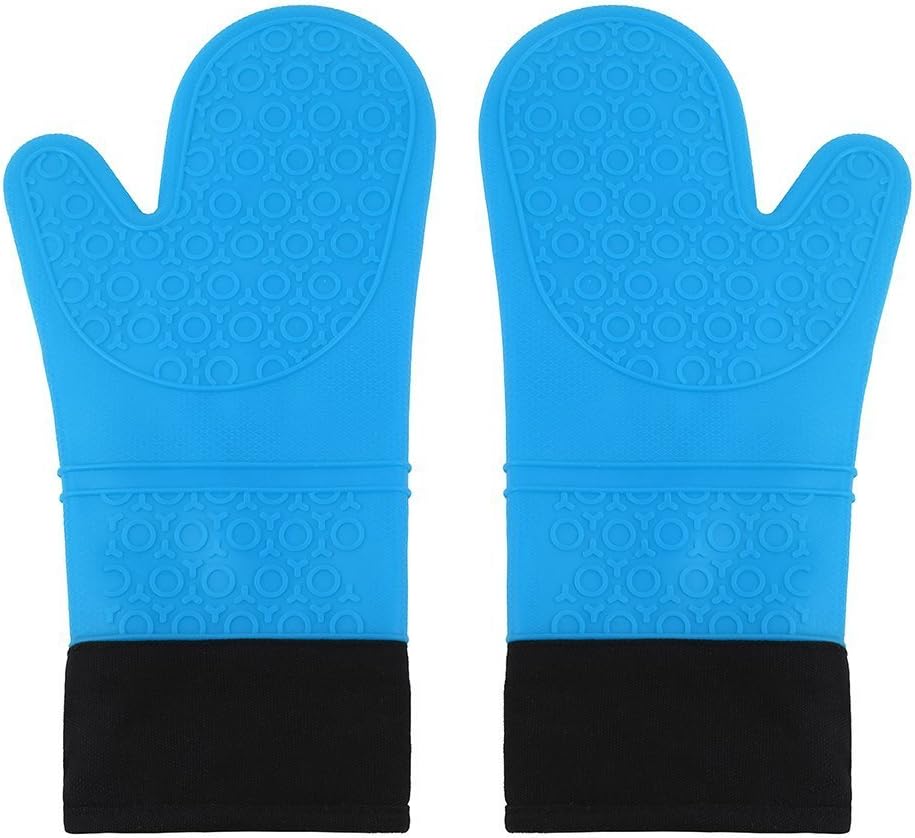 Emebay Set of 2 Extra Long Silicone and Cotton Kitchen Oven Gloves (37 x 19 cm) - Heat Resistant to 450°F, With Anti-Slip Protection Forearm blue