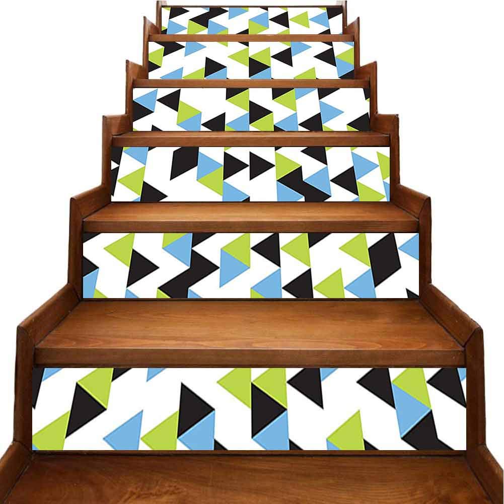 3D Stair Sticker Abstract Patterns Stripe of Triangles Geometry Angles Contrasting Colors Design Blue Simple Fashion Home Stairway Stickers Refurbished Stair Treads, W39.3 x H7 inch