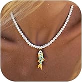 Aonklot Colorful Fish Charm Necklace Pearl Choker Necklaces for Women Cute Fish Jewelry Beach Charm Necklace