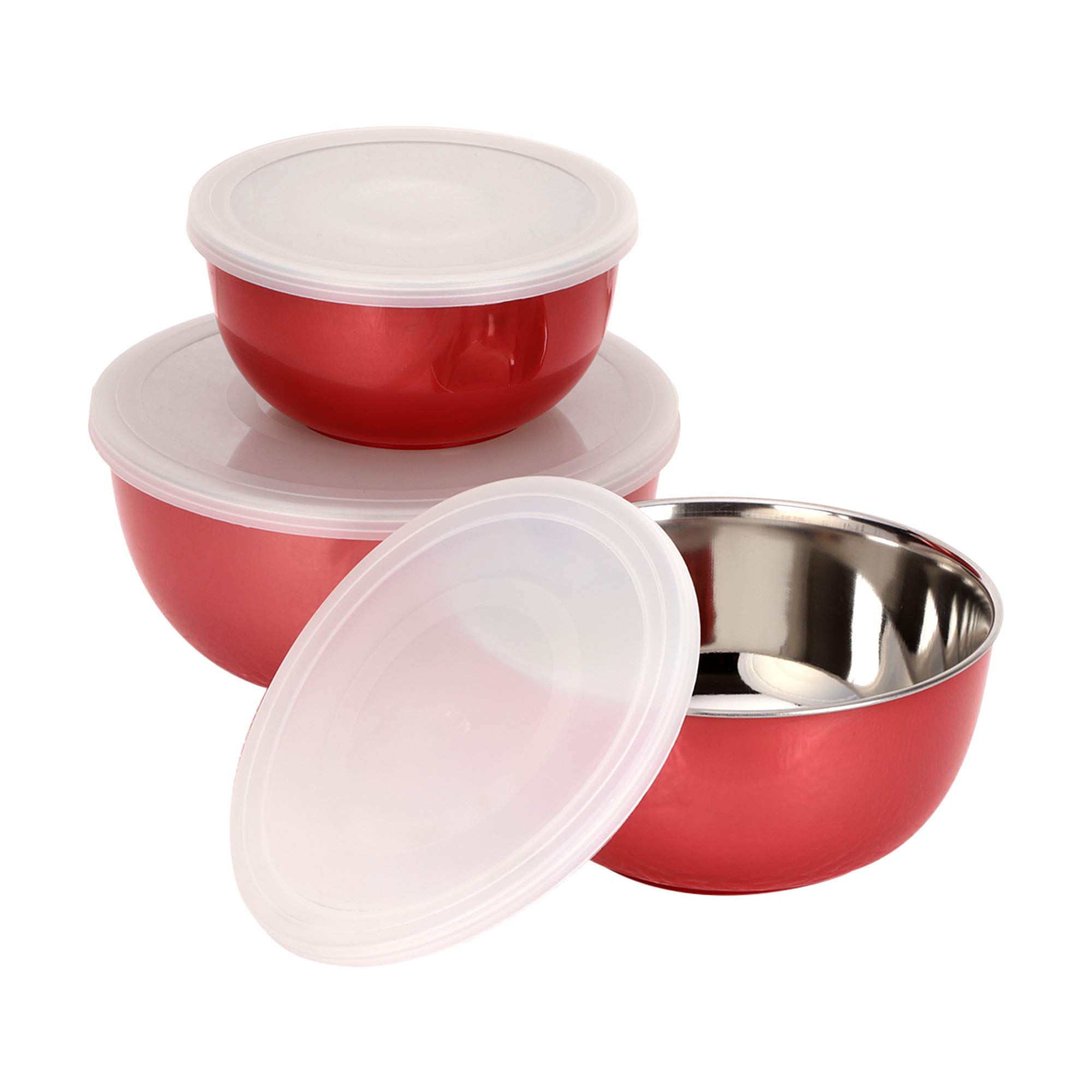 Unifox Microwave Safe Stainless Steel with Plastic Coated Red Mixing & Serving Bowls Set of 3 Pieces (14;16 &18 cm) Dishwasher & Freezer Safe; and Air-Tight; Ideal for Baking; Storing and Prepping