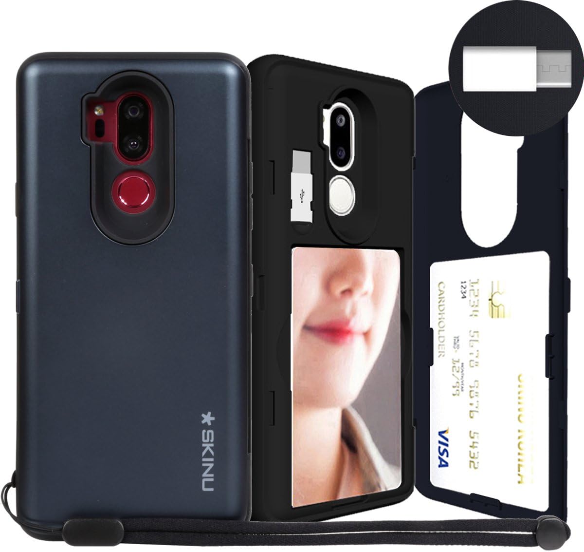 LG G7 ThinQ, SKINU [LG G7 Wallet Strap] G7 Charger Dual Layer Hidden Credit Holder ID Slot Card Case with Wrist Strap Inner USB type C Adapter and Mirror for LG G7 ThinQ G7+ ThinQ (2018) - Metal Slate