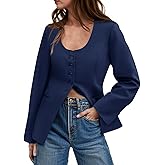 Cicy Bell Womens Business Work Casual Blazers Button Down Scoop Neck Split Hem Fitted Suit Jackets