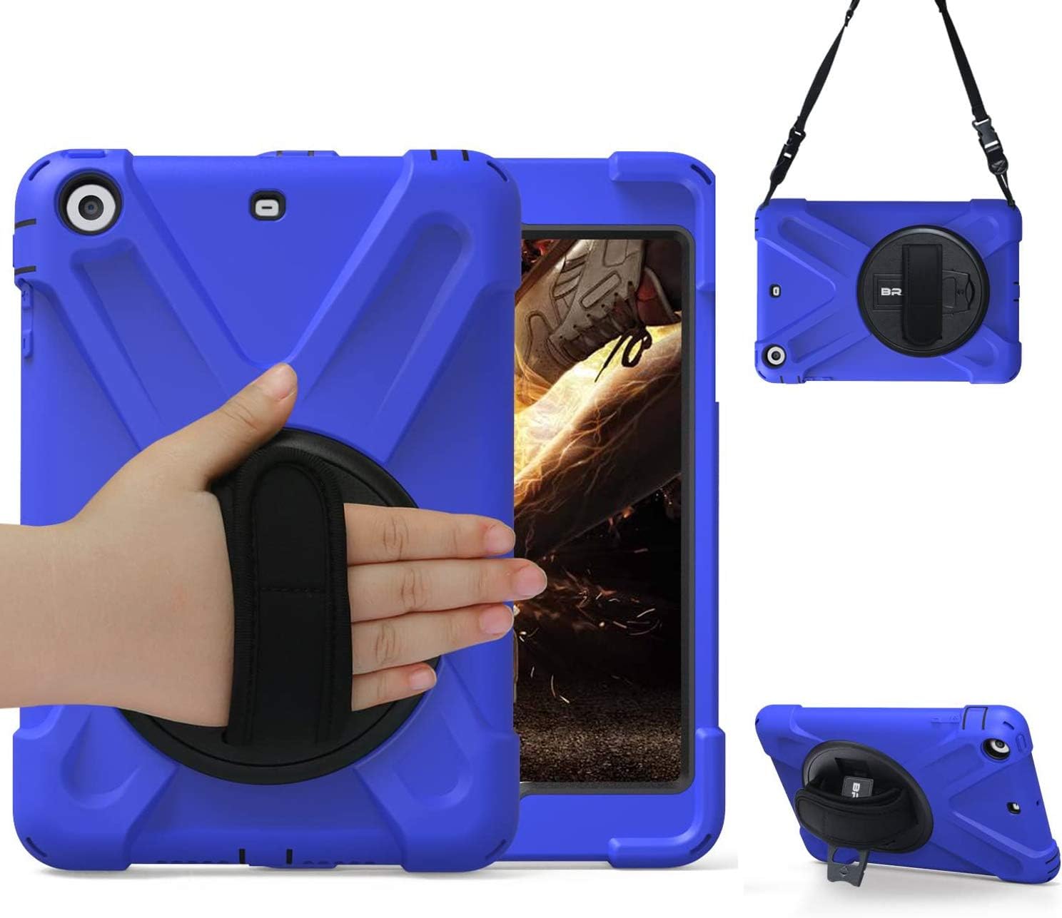 iPad Mini 1 2 3 Case for Kids Boys 7.9 Inch | iPad Mini 1st/2nd/3rd Generation Case Heavy Duty | Durable Shockproof iPad Mini 1/2/3 Case Cover w/Swivel Stand Hand Strap Shoulder Strap-Blue