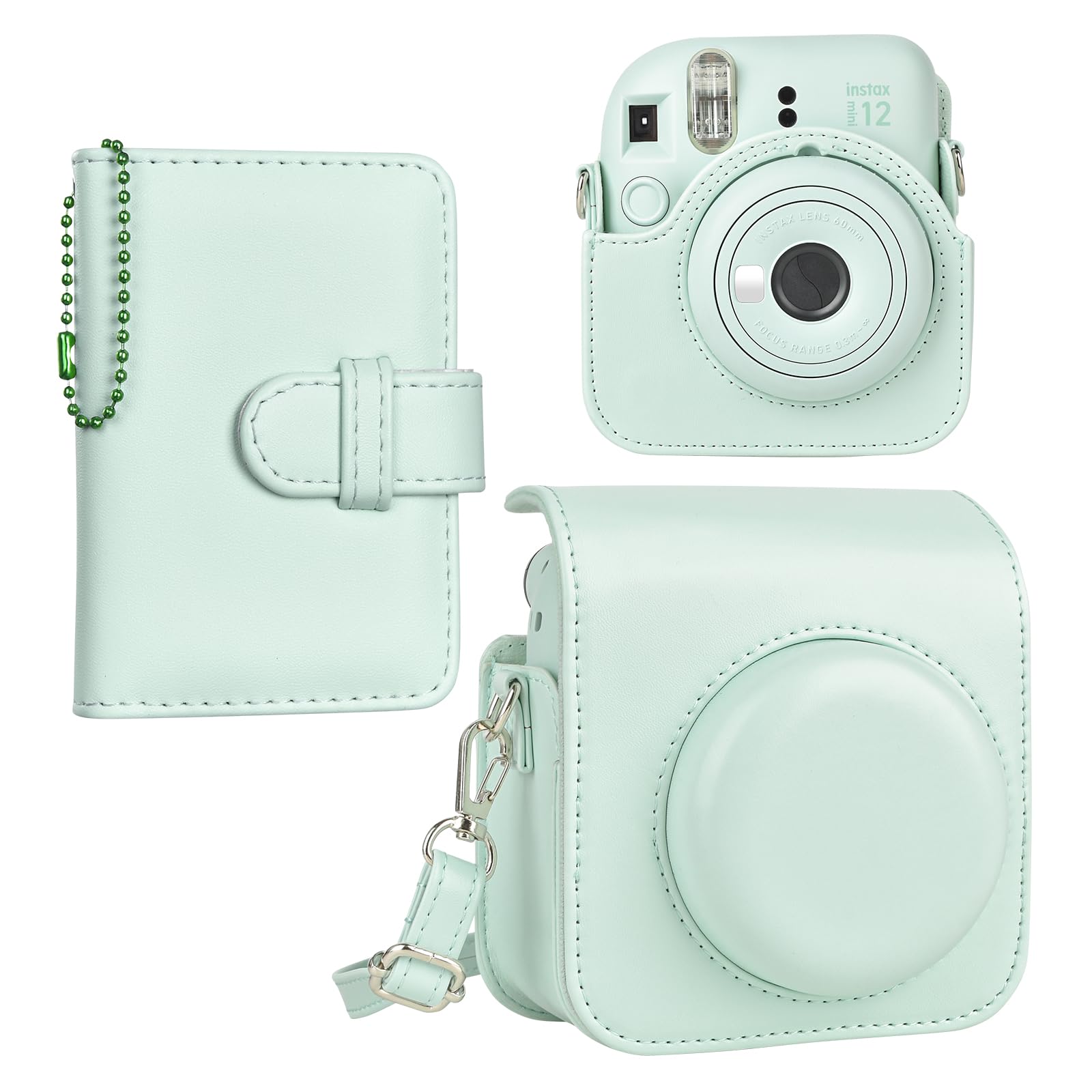 HIYQIN Fuji Instax Mini 12 Case and Album, Elegant PU Leather Protective Case for Instax Mini 12 Camera, Carrying Bag with Photo Pocket, Key-Chain Photo Album and Shoulder Strap - Mint Green