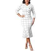 Women's Church Dress Formal Long Sleeve Vintage Ruffle Wrap Work Midi Pencil Dresses