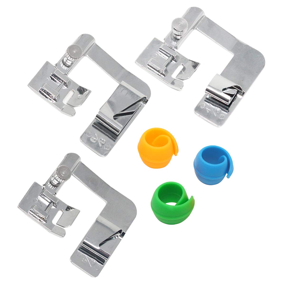 3 Sizes Rolled Hem Pressure Foot Adjustable Sewing Machine Presser Foot Rolled Hem Foot Rolled Hemmer Presser Foot Hemmer Foot Set (1/2\'\',3/4\'\',1\'\') for Low Shank Sewing+3 Pcs Thread Spools Savers