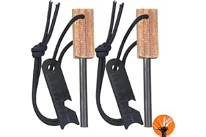 ULTLAT Fire Starter (2 Packs), All-Weather Magnesium Ferro Rod for Camping and Hiking, Emergency Survival Kits with Waxed Fire Tinder Paracord (28inch)&Beech/Pine Handle&&6-in-1 Multi-Tool