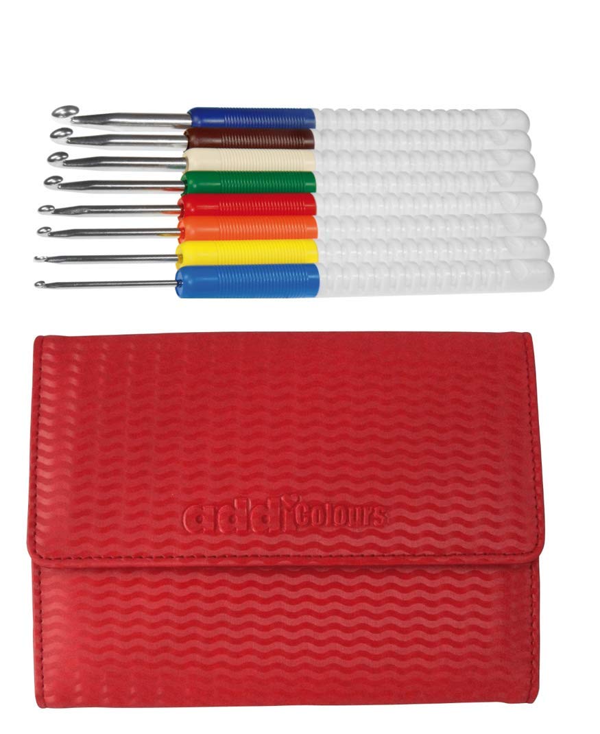 Addi Crochet Hooks Set, Colored Grip, 9 Pieces, Includes Sizes 2.50-6.00mm, Hand Travel Case, Metal
