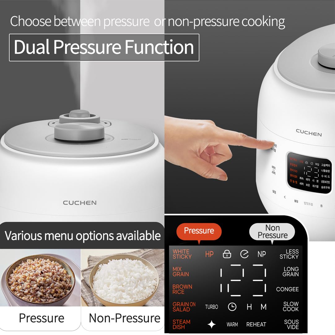 CUCHEN CRS-FWK0640WUS | Automatic Dual Heating Pressure Rice Cooker 6 Cup (Uncooked) (1.14 quarts): 6 person serving / per use | High/Non-Pressure | Triple Power Packing | Easy Open Handle | Stainless Cover | Auto Steam Clean | White