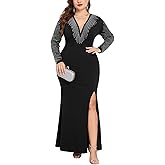 ZOMVA Plus Size Sparkly Deep V-Neck Formal Maxi Dress Sexy Rhinestone Long Sleeve Dress with Slit Party Cocktail Evening Gown