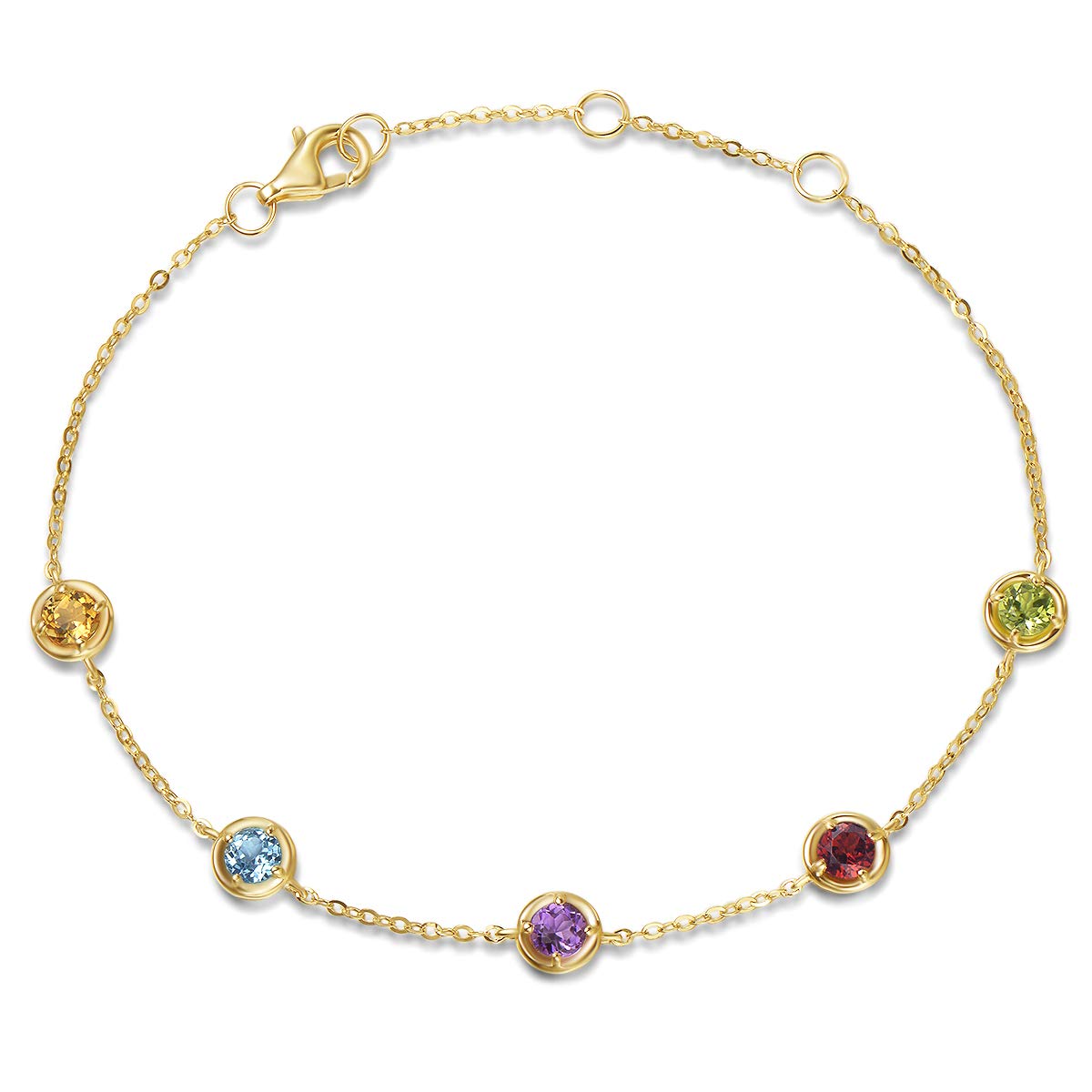 FANCIME 14ct Solid 585 Yellow Gold Minimalist Small Round Charm Bracelet with Natural Gemstone Amethyst Peridot Blue Topaz Citrine Garnet Fine Jewellery Gifts for Women Girls