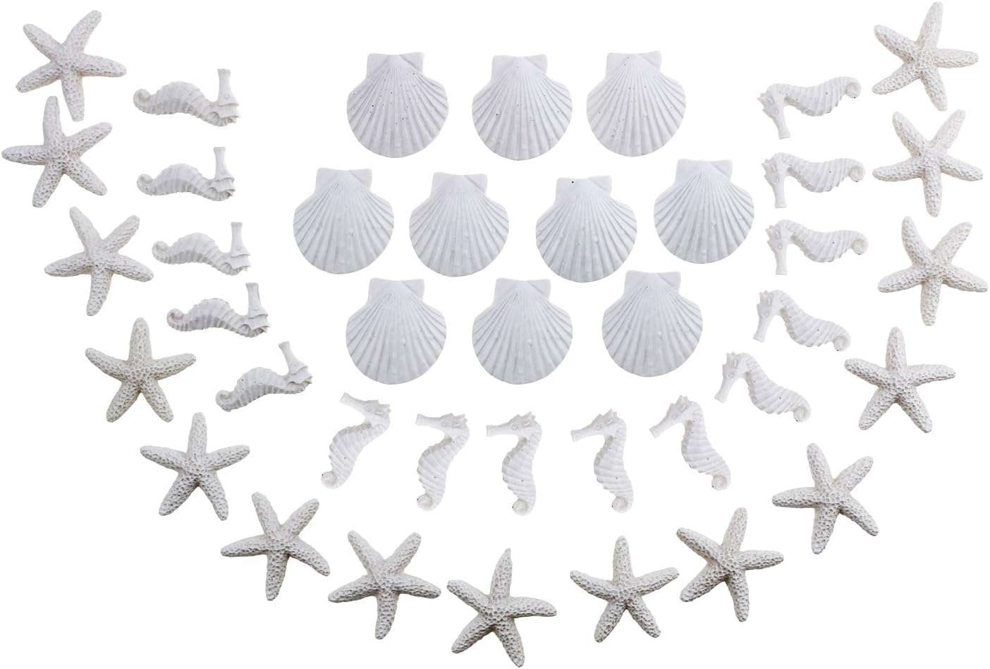 LJY 40 Pcs White Resin Starfish, Seahorses and Shells Set - Artificial Sea Creatures Charms for Crafts, Aquarium Decoration, Vase Fillers, Wedding and Christmas Decor (Starfish Seahorse Shell Set)